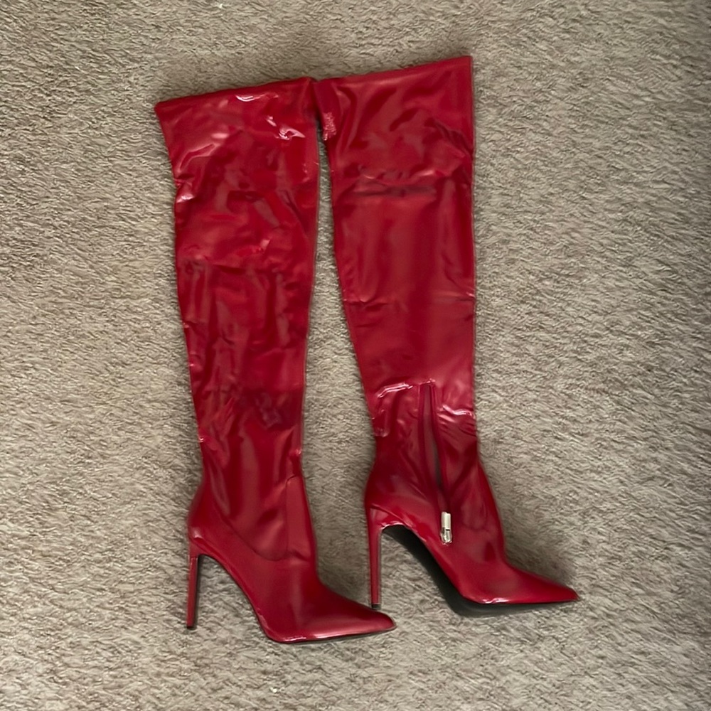 Women’s Nine West red Pu thigh high over knee High Heeled Boots size 10